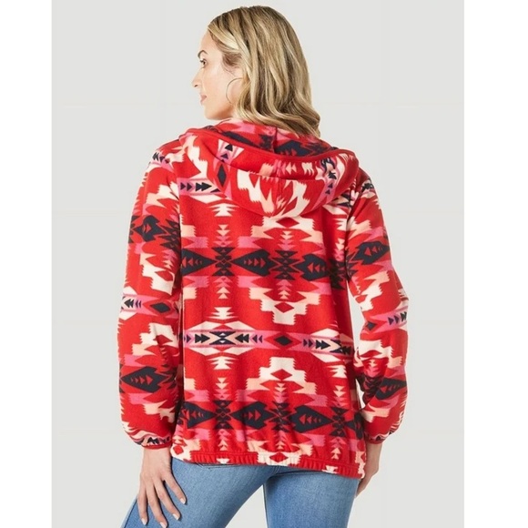 WRANGLER Retro Aztec Print Fleece Zip Up Hoodie Red - Picture 3 of 6